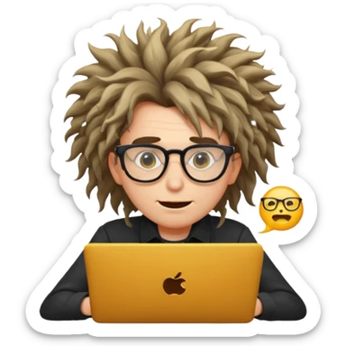 crazy programmer with wild hair, glasses, typing frantically, emoji style sticker