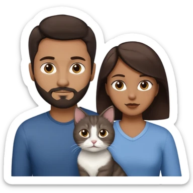Make a couple and a cat emoji. The first person is a man with dark brown hair and a beard that’s not to long. The other person is a woman with even darker brown hair and is a little brown skinned but not much. The cat is 15weeks so little and grey and white with a little brown on her face and chest sticker