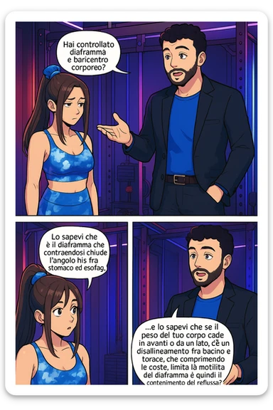 TRASFORMA QUESTO CAROSELLO IN UN FUMETTO STILE WEBTOON/MANGA A COLORI CON QUESTE DUE PERSONE IDENTICHE CHE INTERLOQUISCONO TRA LORO, L'uomo sta spiegando alla donna questo concetto:

LUI (UOMO): Hai controllato diaframma e baricentro corporeo?
LUI (UOMO): Lo sapevi che è il diaframma che contraendosi chiude l’angolo his fra stomaco ed esofago, contenendo la risalita degli acidi grassi?
LUI (UOMO): …e lo sapevi che se il peso del tuo corpo cade in avanti o da un lato, c’è un disallineamento fra bacino e torace, che comprimendo le coste, limita la motilità del diaframma e quindi il contenimento del reflusso? sticker
