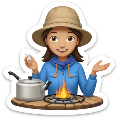 A woman camper boiling water on a portable stove, enjoying the outdoor sticker