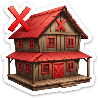 an inn with a big red  X on it sticker
