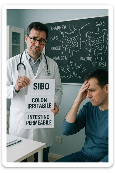 Scena clinica con un medico confuso in camice bianco davanti a un paziente seduto. Il medico ha tre fogli in mano, e li mostra uno alla volta con espressione incerta: il primo dice 'SIBO', il secondo 'Colon Irritabile', il terzo 'Intestino Permeabile'. Il paziente ha un’espressione confusa e scoraggiata, con una mano sulla fronte. Sullo sfondo una lavagna caotica con disegni di intestino e sintomi ovunque. Stile realistico con tocchi ironici, toni freddi da ambulatorio ma con un messaggio visivo forte di incertezza diagnostica. in italiano sticker