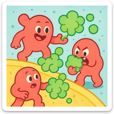 A realistic really detailed of enzymes (red) breaking down starch (green) near a cell membrane (yellow). Macro photography style. No labels. sticker