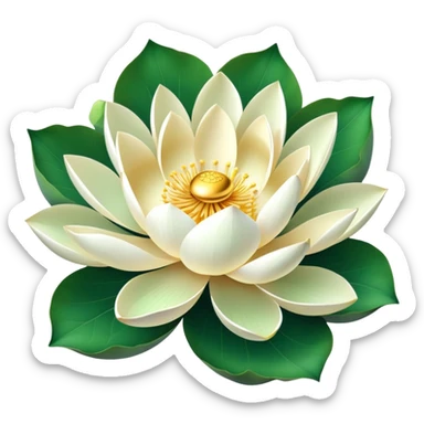 Lotus flower in full bloom with white petals and golden center, round green leaf sticker