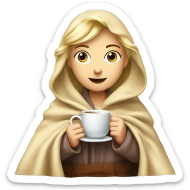 blonde girl cuddeling up in a blanket with tea sticker