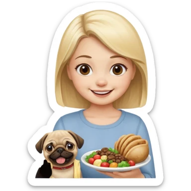 haz una chica rubia dandole comida a su perro pug sticker