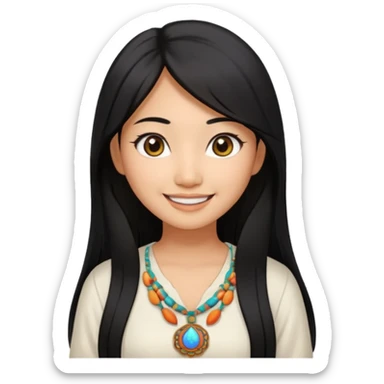 30 yr old asian woman center parted hair big eyes big smile tanned skin straight black hair hippie part hair white blouse sticker