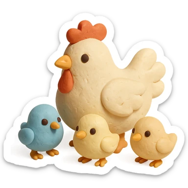 hen with baby chicks, soft pastel colors, visible fingerprints, matte plasticine look sticker