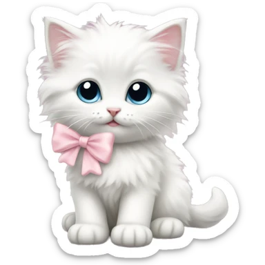 Cute fluffy White kitten with light pink bow sticker