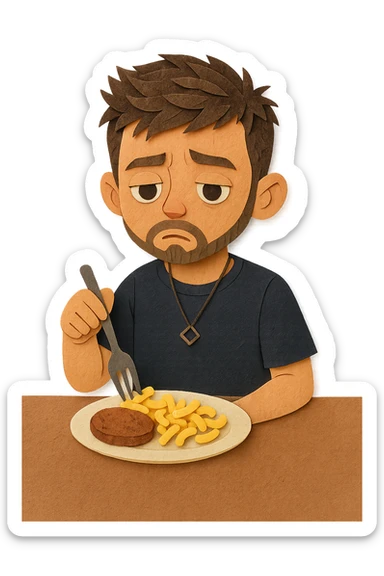 A stylized 3D child version of the person in the reference photo, around 6 years old, is sitting at a table. He looks bored, staring at a plate of macaroni and a meat patty, absentmindedly poking the macaroni with a fork. Keep the pose relaxed and the expression subtly disinterested. The style should be semi-realistic 3D, soft lighting, clean detail sticker