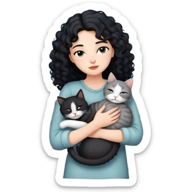 a white girl with curly black hair with a gray cat with a sleeping blacon  sticker