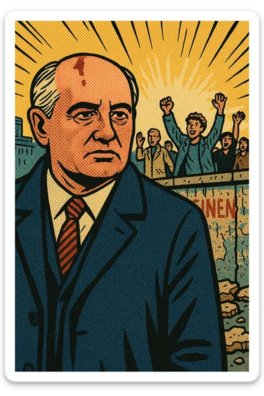 Mikhail Gorbachev standing in front of the Berlin Wall in 1989 which has fallen down.  There are people cheering in the background walking from East Berlin to West Berlin. sticker