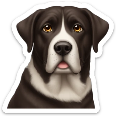 5 years old, female, Chubby, DARK brown, english lab, tired face, looking at you confused, little white scruff un chin sticker