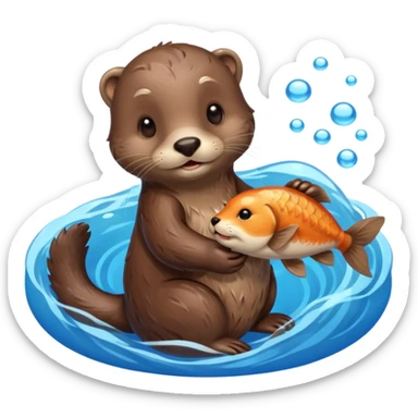 adorable otter floating on clearly visible blue water with waves, holding a fish sticker