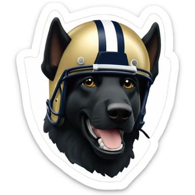 Black German shepherd wearing a notre dame football helmet  sticker
