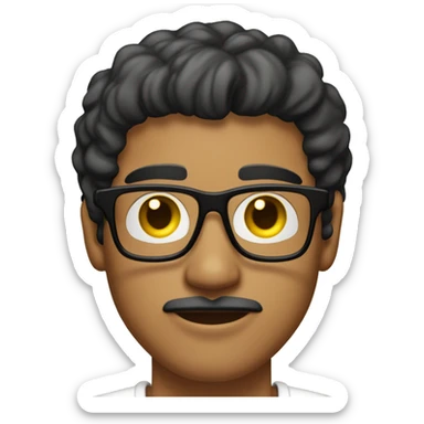 Latino man with mustache, 25 years old, weight 80 kilos.  with black frame glasses and yellow lenses. short haircut with bangs, gold earrings and white t-shirt. sticker