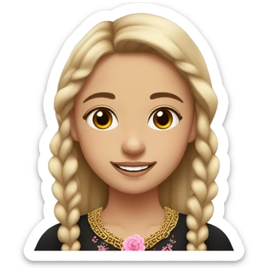 Slavic girl, light skin, brown eyes, black-to-blonde ombre straight tail, smiling with teeth, wearing beautiful dark blouse with a folk pattern of small pink flowers and gold necklace. sticker