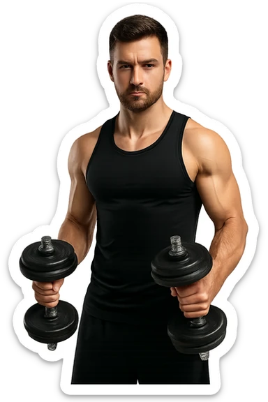 uomo fitness in forma con manubri da palestra in mano, isolata su sfondo bianco sticker