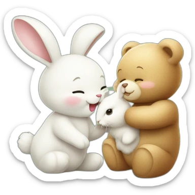 Friendly funny teddy bear kissing a white rabbit bunny sticker