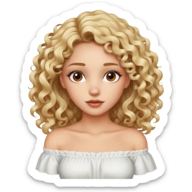 exaggerated features of woman with curly long blond hair, brown eyes, wearing an off-shoulder top,  sticker