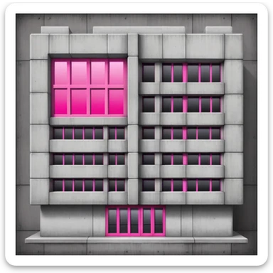 Wide brutalist concrete building with a central bright pink window surrounded by multiple regular windows sticker