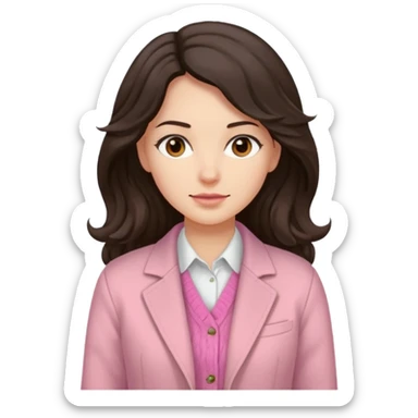 Portrait of woman with dark long wavy hair in white shirt, pink sweater and beige jacket sticker