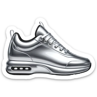 A pair of futuristic sneakers emoji made of silver chrome, sleek streetwear design, smooth metallic panels, subtle reflections, luxury swag aesthetic, iOS emoji style, centered, clean white background sticker