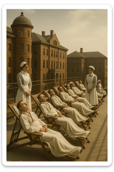 A realistic cinematic image of a hospital rooftop solarium from the 1900s, patients sunbathing under nurse supervision for heliotherapy against tuberculosis and rickets. sticker