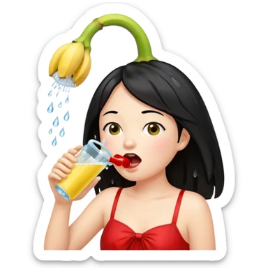 a girl with black hair and red dress with opened mouth drinking pale yellow water coming out from a shower looking like a banana above her head sticker