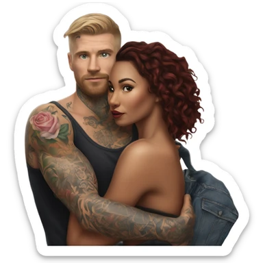 Hyper Realistic beautiful woman in the arms of a very handsome tattooed man walking  sticker