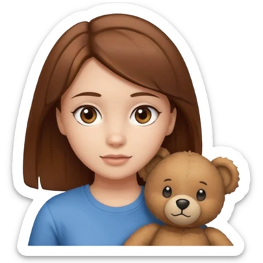 A Girl with Brown hair and Brown eyes with a t-shirt of a Teddy bear sticker