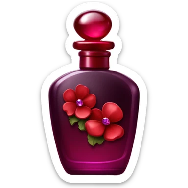 Dark red royal perfume bottle with red violets and a ruby gemstone sticker
