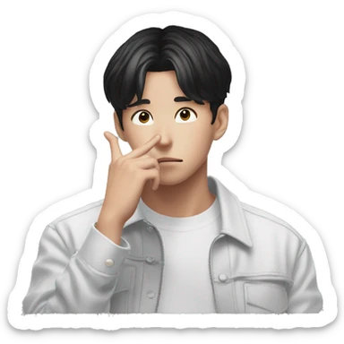 Jungkook lost in thought and holds his finger to his face sticker