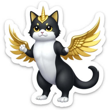 Transcendent celestial cosmic galactic energy Mega neon unicorn dragon hydra hyper rare golden penguin Golden Divine god angel Omni Black and white Super muscular Buff sigma Gigachad cat full body tuxedo colored  sticker