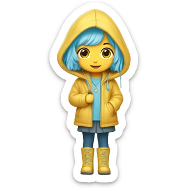 Cute little girl with light blue hair with peach skin, with yellow raincoat hooded with boots holding a staff, with a cross necklace, Sanrio design sticker
