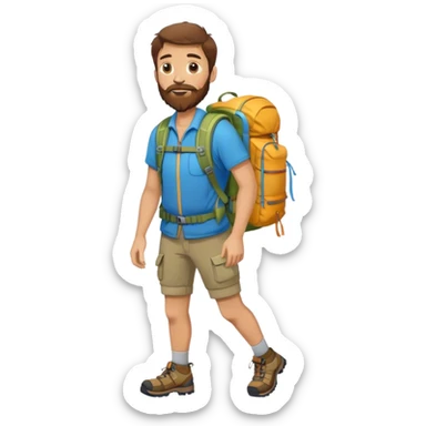 A man with brown hair and a three day beard wears s Rucksack with a birthday present. you see the full body. He wears hiking equipment. sticker