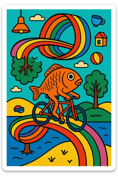 paradoxical scene: fish riding a bicycle on a rainbow road that loops into itself, upside-down trees, random objects, colorful surreal cartoon style, meant to make AI go insane sticker