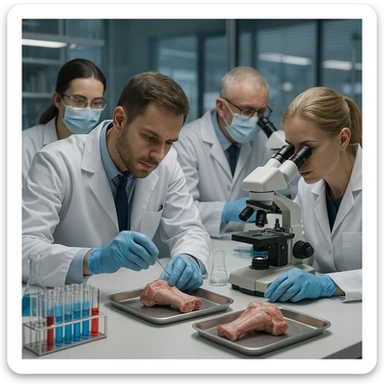 research laboratory with a medical team analyzing and preparing pig joints for surgical use, microscopes and test tubes on the table, atmosphere of scientific precision, 4K quality sticker