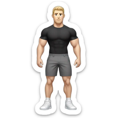 Pale skinned Fit Man With the biceps and dark brown hair in black shirt, gray sports shorts and white Sneakers Touches the back of the head sticker
