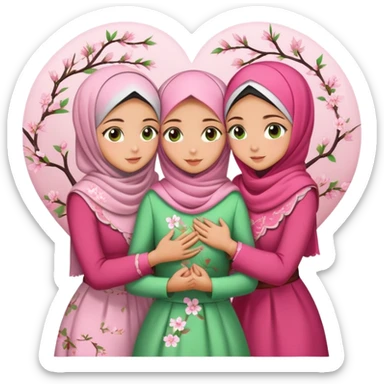 Four sister hugs Turkish girls beautiful finish Konya brown green eyes with cherry blossom hijab and heart dress and hugs  sticker