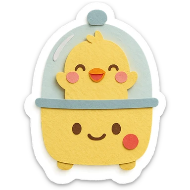 chibi egg cooker with a chick popping out, bright smile, soft yellow palette, full-body sticker