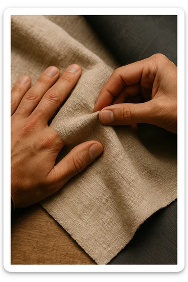 Primo piano di mani che toccano tessuto di lino grezzo, texture naturale dettagliata, colori puri e genuini, luce che rivela la bellezza delle imperfezioni naturali, mentre i sintetici appaiono artificiali e freddi in secondo piano sticker