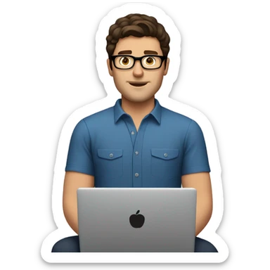 white guy dark brown hair brad pit style and square glasses typing in laptop wearing blue shirt sticker