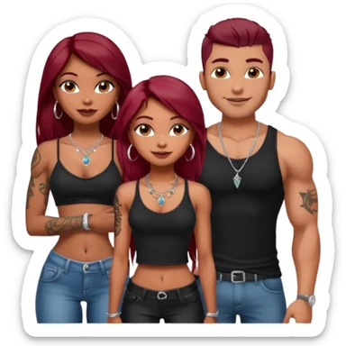 a pretty bratz fair indian girl with dark red straight hair, black cami top, silver dainty necklaces, rings, hoops, tattoos standing with two handsome lean but muscled guys sticker
