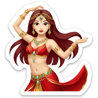 Elegant belly dancer emoji, mid-movement, wearing red and gold costume, one arm raised, flowing hair, minimal vector style, expressive and clear, transparent background. sticker