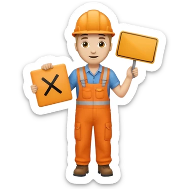 emoji style railway engineer full body in orange overalls, holding a sign in front of their chest sticker