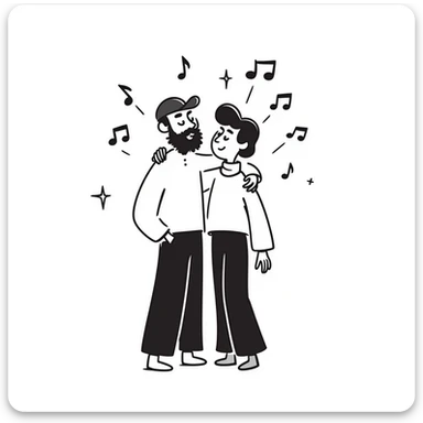 Two brothers who are musicians: a noticeably taller 35-year-old with stylized beard and backwards cap (big brother) with his arm around his shorter 25-year-old brother. Side by side, facing forward, celebrating. Music notes and stars around. Band members cheering in background. sticker