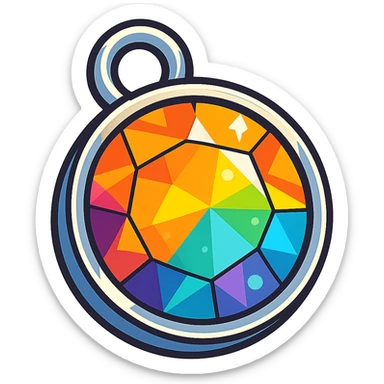 extreme close up of a round cut holographic amber charm with silver metal accent sticker