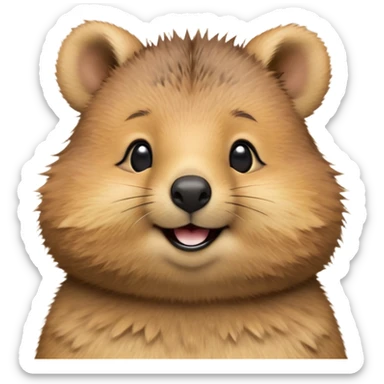 cinematic-realistic quokka-emoji,-small-round-frame, head tilted in an endearing manner, comical smile, round cheeks, giant-fluffy-cheeks-large-smile-fluffy-brown-fur-radiating-a-warm-softness,-big-round-eyes-filled-with-joy, realistic round  fluffy zoomed in, large black eyes one paw raised in the air sticker