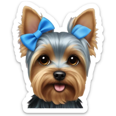 Yorkie very tiny with tiny blue bow on ear and collar that says cleo  sticker